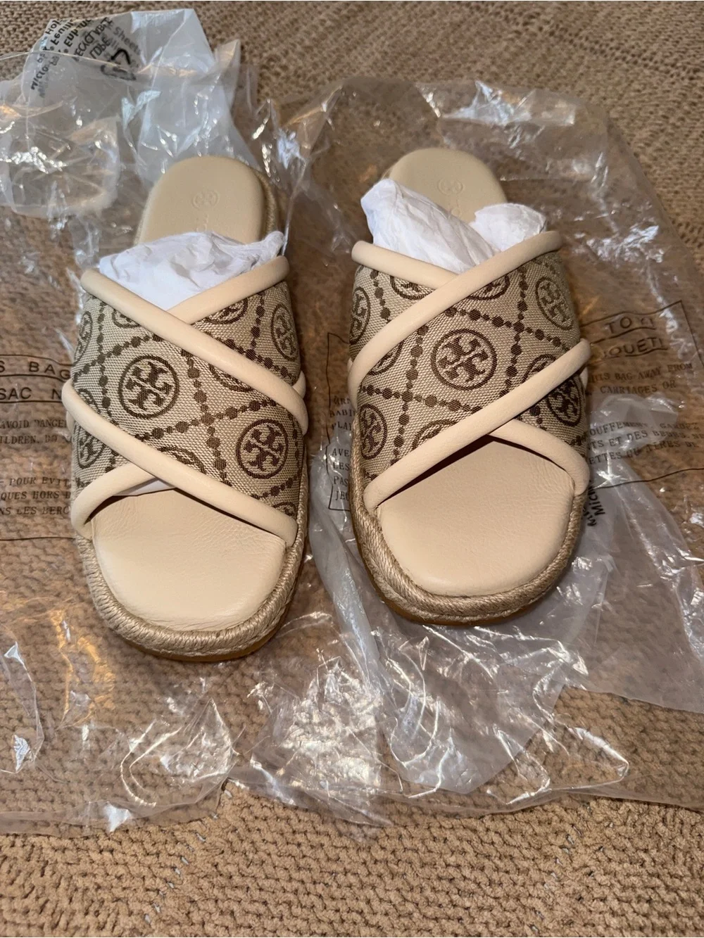 Tory Burch T Monogram Crisscross Espadrille Slide Sandals